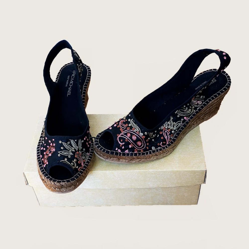 Eric Michael Black and Pink Espadrille Wedges